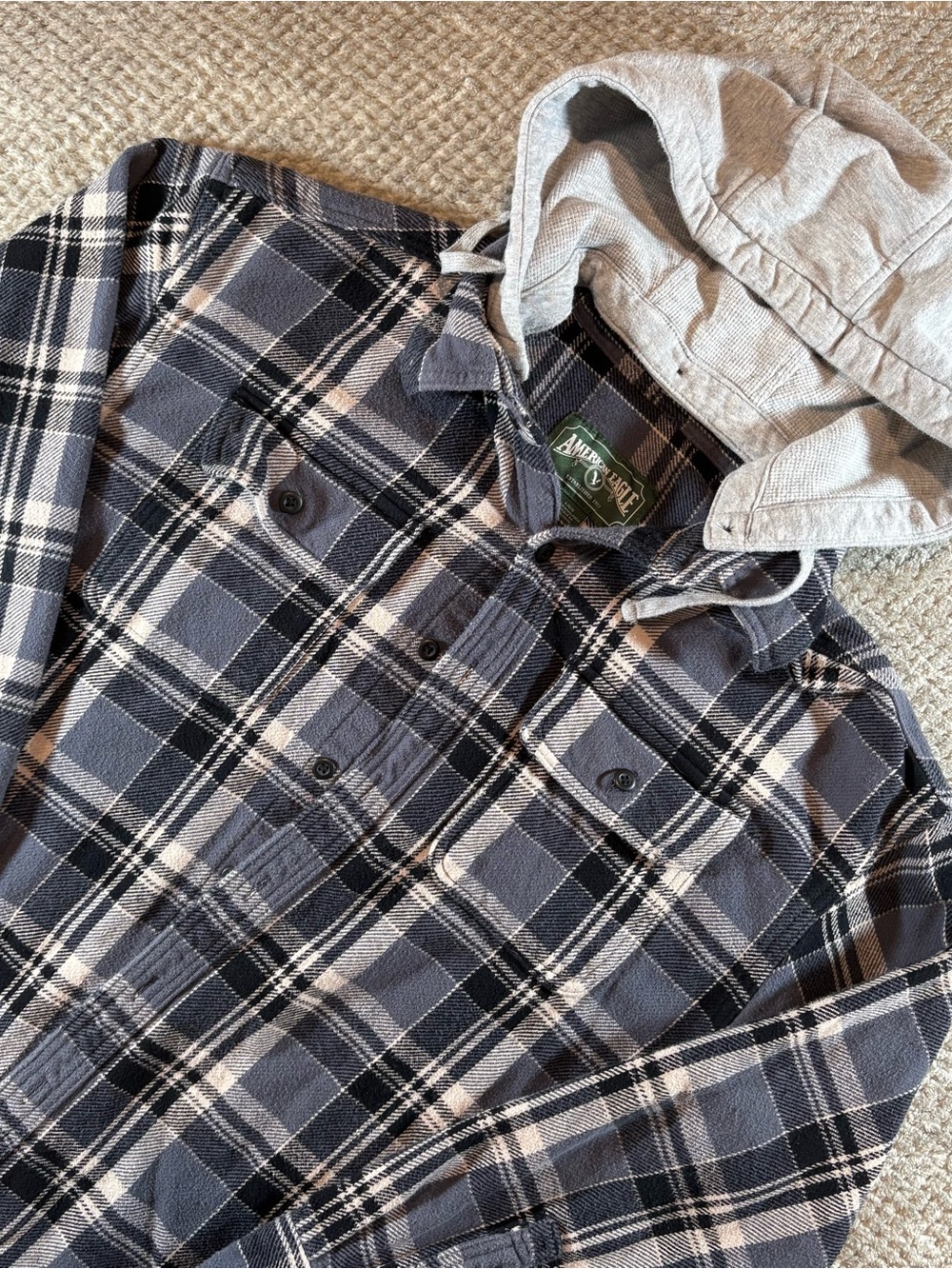 American Eagle Men’s L Plaid Flannel Button Up Shirt Jacket Removable Hood